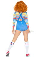 Chucky from Child's Play (woman), costume top and romper, buttons, pocket, horizontal stripes